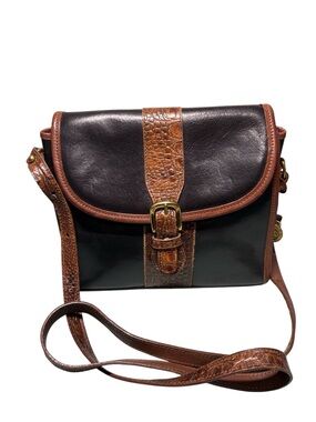 VTG Brahmin Black Leather & Brown Croc Embossed Crossbody | Fairhaven Mass USA